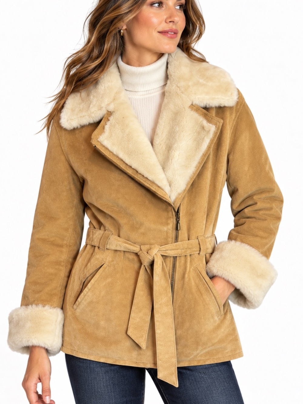 Colebrook & Co. Leather Faux Fur Trim Belted Coat Jacket Size Large